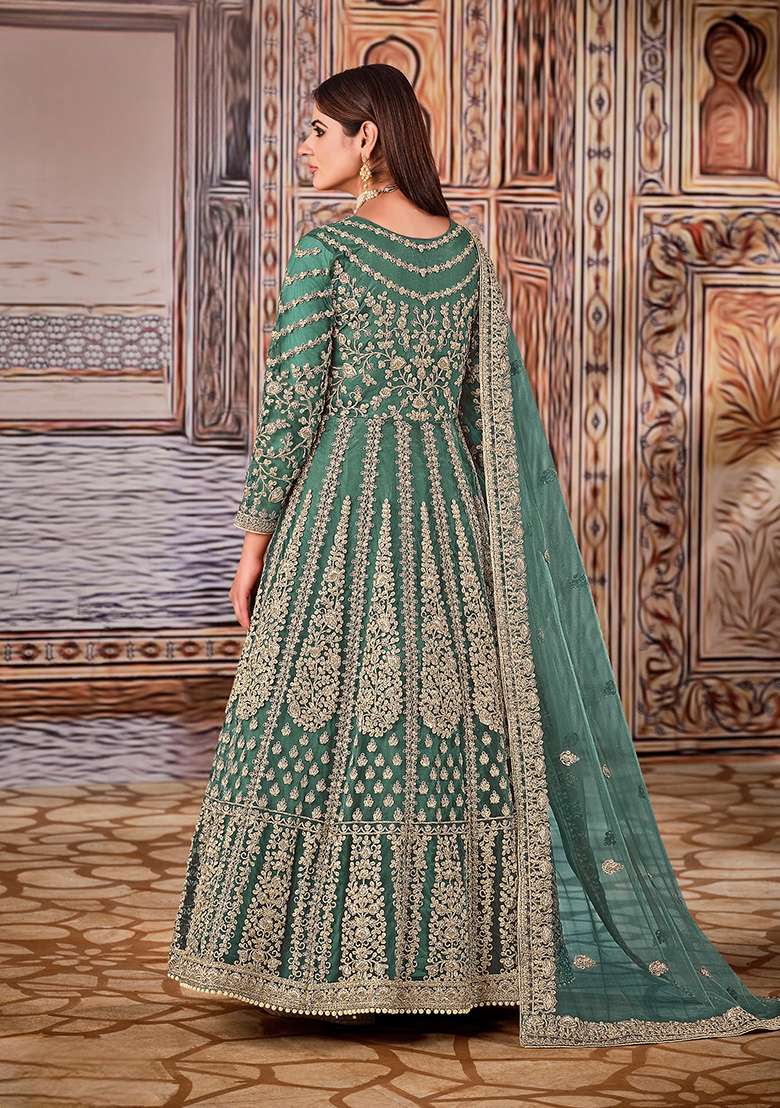 Green Embroidered Net Anarkali Set - Indya