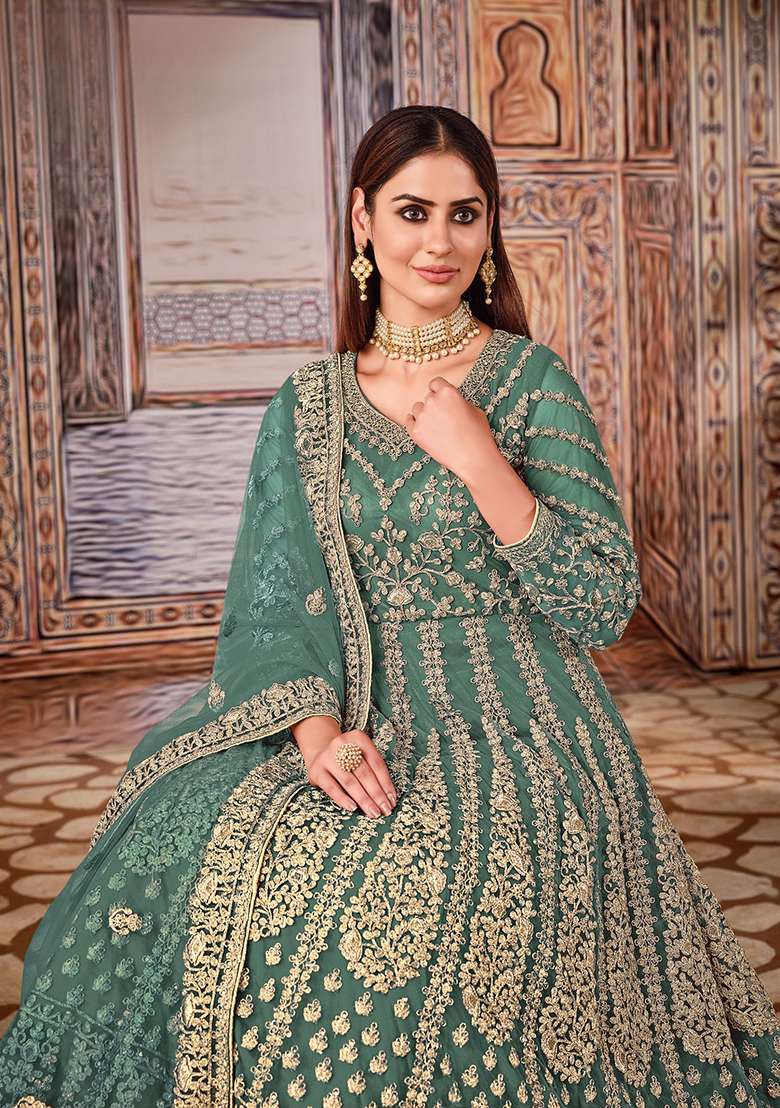 Green Embroidered Net Anarkali Set - Indya