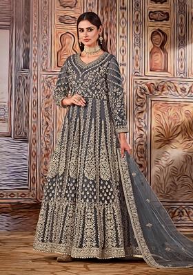 Grey Embroidered Net Anarkali Kurta Set
