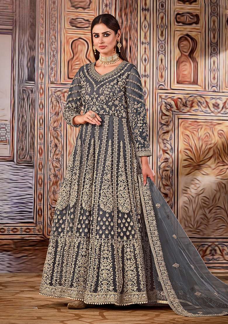 Grey Embroidered Net Anarkali Set - Indya