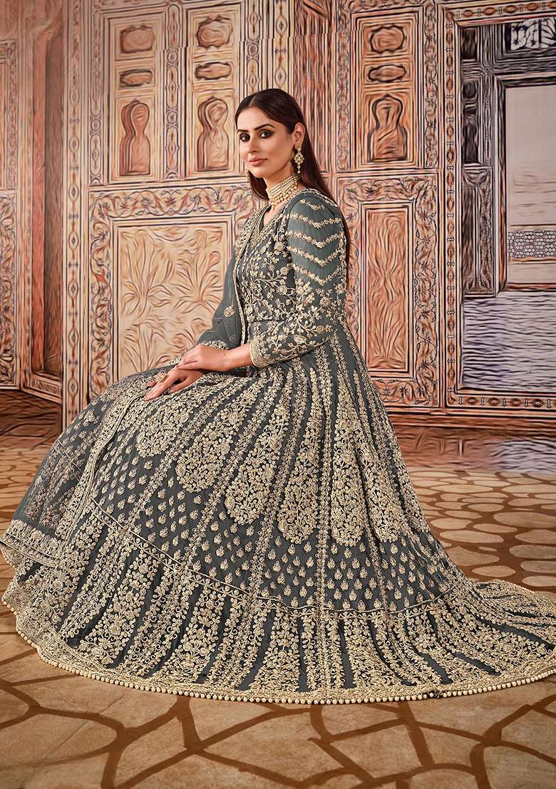 Grey Embroidered Net Anarkali Set - Indya