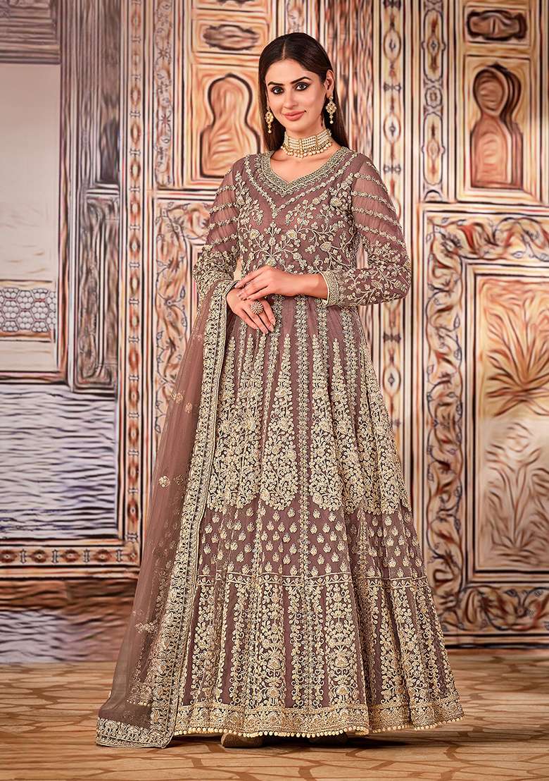 Light Brown Embroidered Net Anarkali Set - Indya