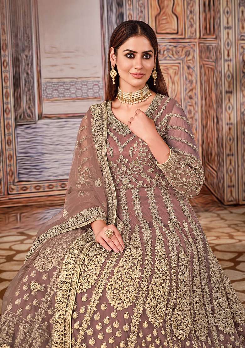 Light Brown Embroidered Net Anarkali Set - Indya