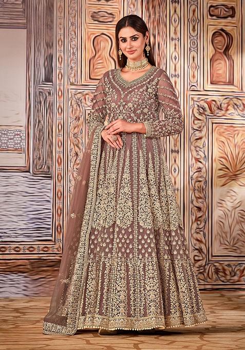 Light Brown Embroidered Net Anarkali Kurta Set