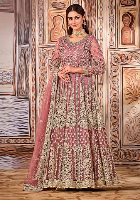 Light Purple Embroidered Net Anarkali Kurta Set