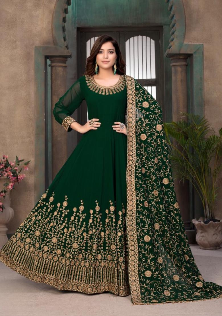 Green Embroidered Faux Georgette Anarkali Kurta Set