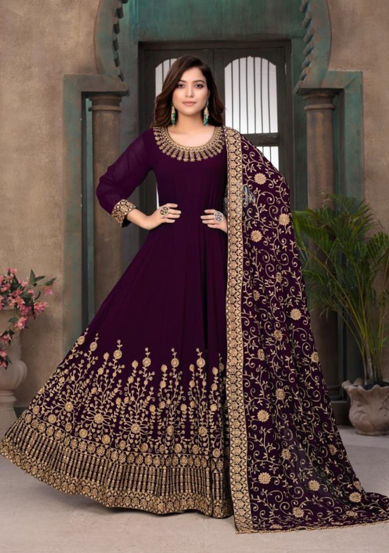 Purple Embroidered Faux Georgette Anarkali Kurta Set