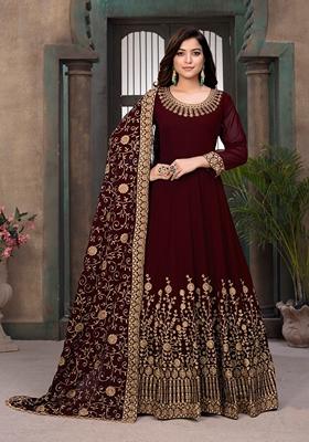 Maroon Embroidered Faux Georgette Anarkali Kurta Set