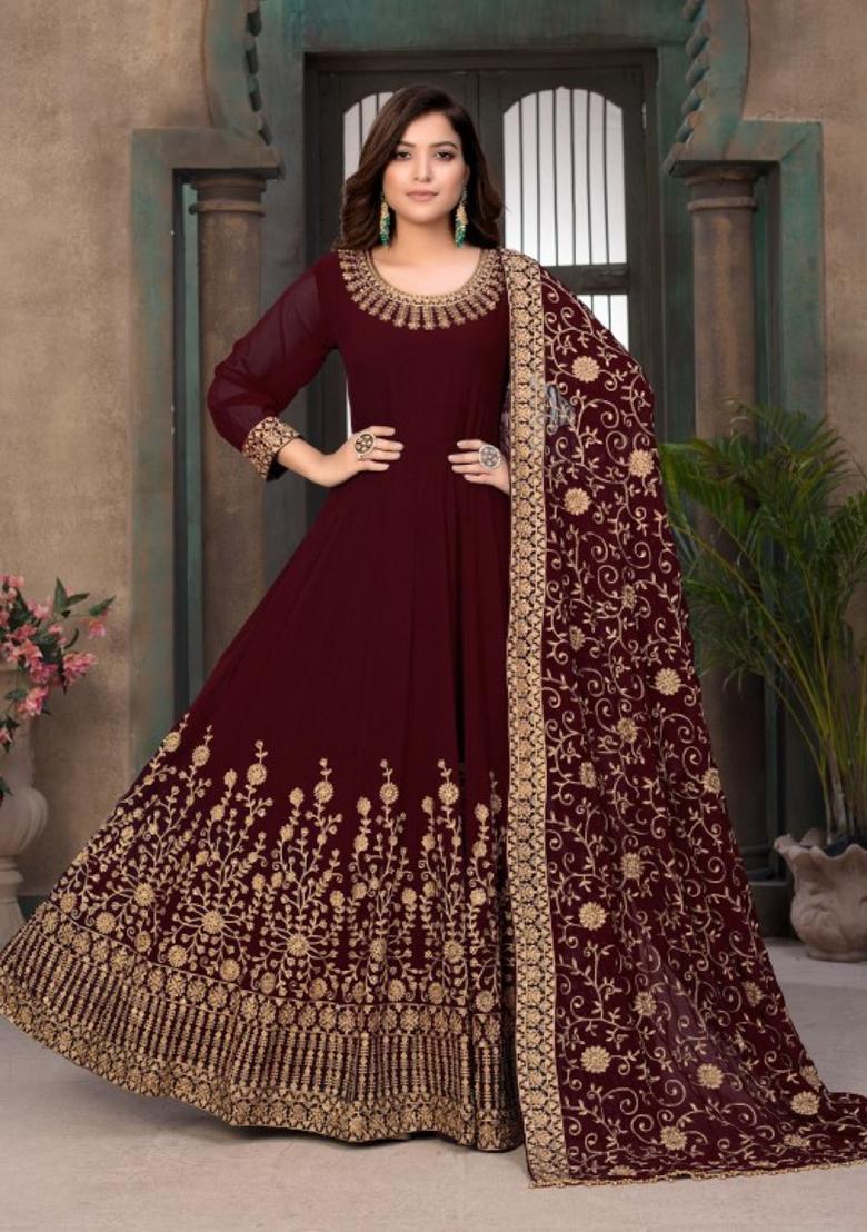 Maroon Embroidered Faux Georgette Anarkali Kurta Set