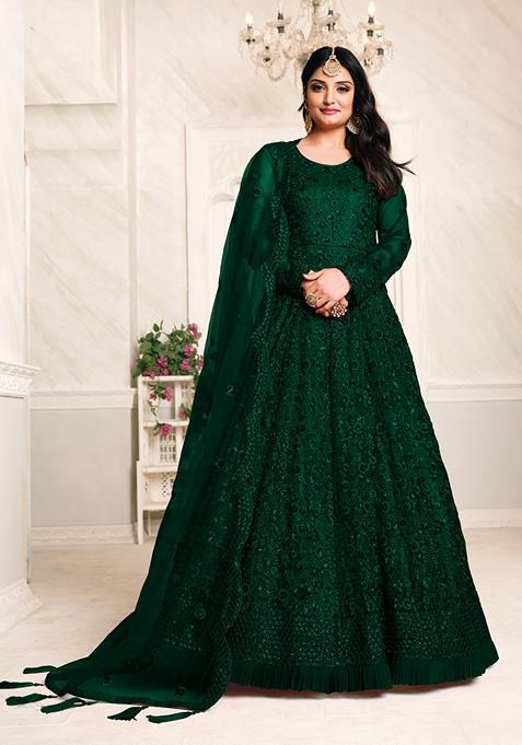 Green Embroidered Net Anarkali Kurta Set