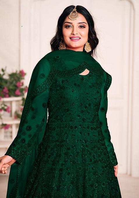 Green Embroidered Net Anarkali Kurta Set