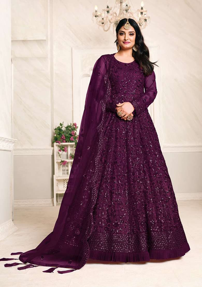 Purple Sequin Work Net Anarkali Set - Indya