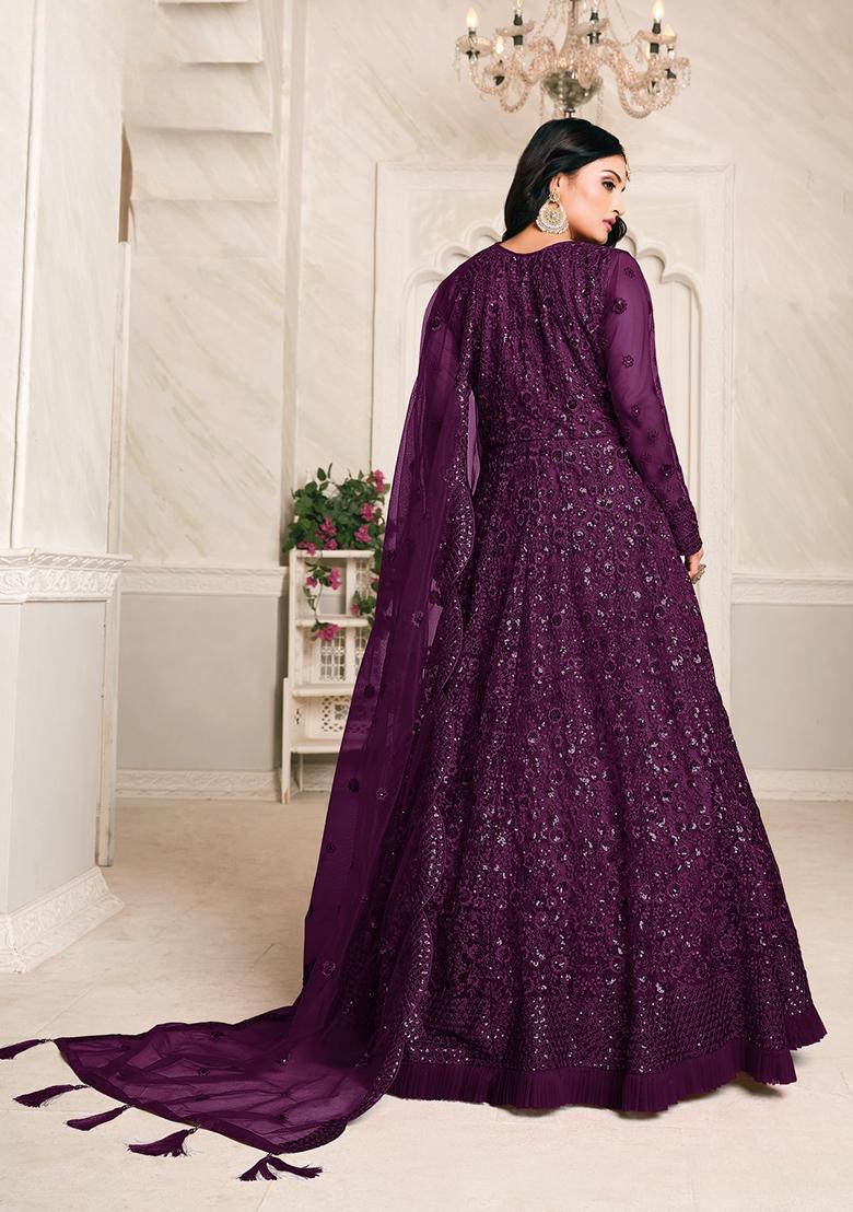 Purple Embroidered Net Anarkali Kurta Set