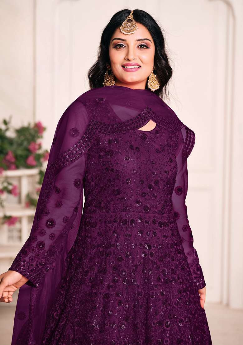 Purple Sequin Work Net Anarkali Set - Indya