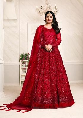 Red Embroidered Net Anarkali Kurta Set