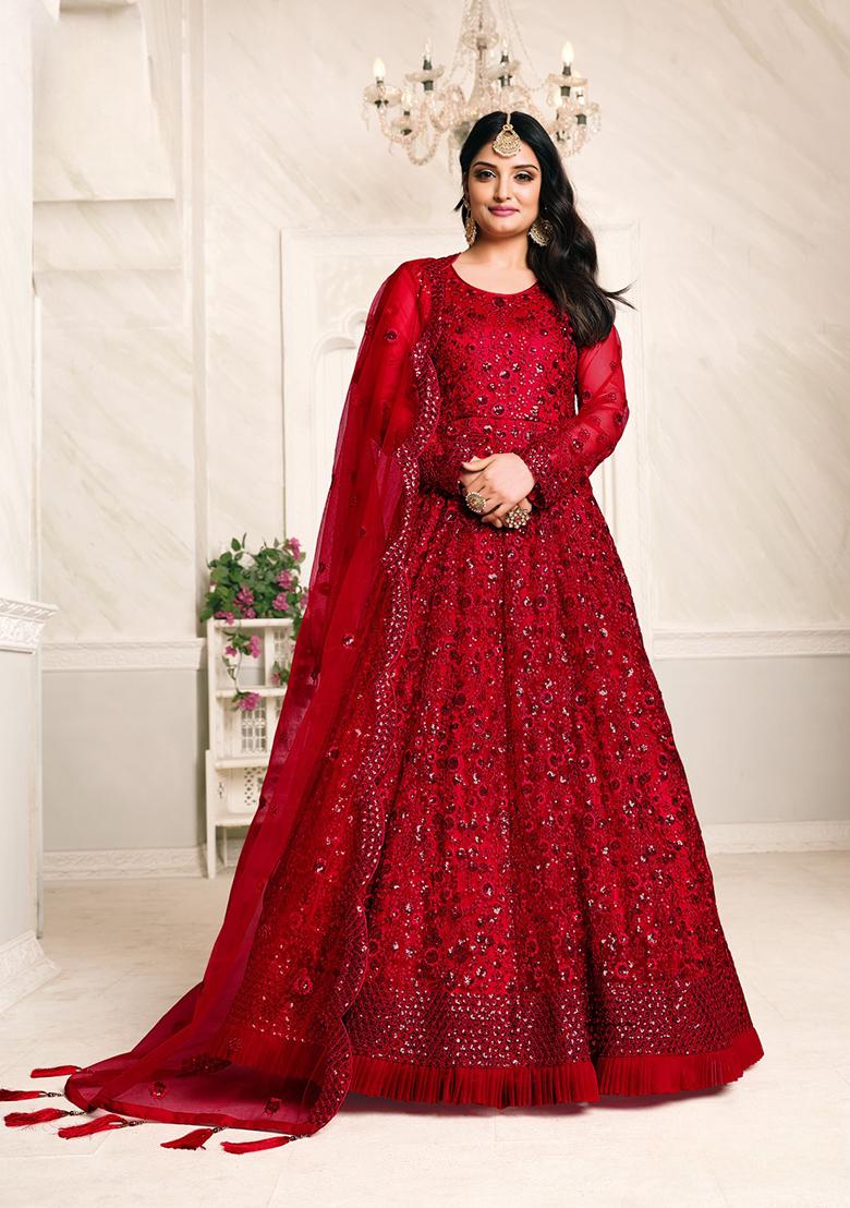 Buy Women Red Embroidered Net Anarkali Kurta Set XKU08496