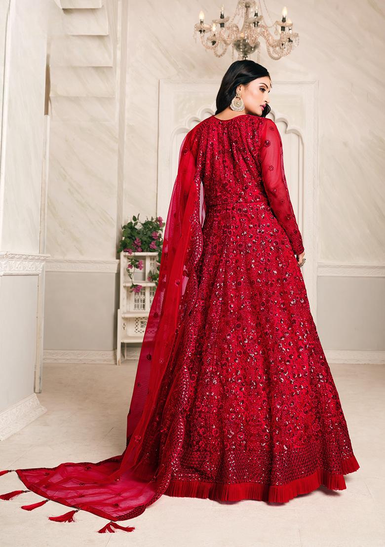 Red Embroidered Net Anarkali Kurta Set