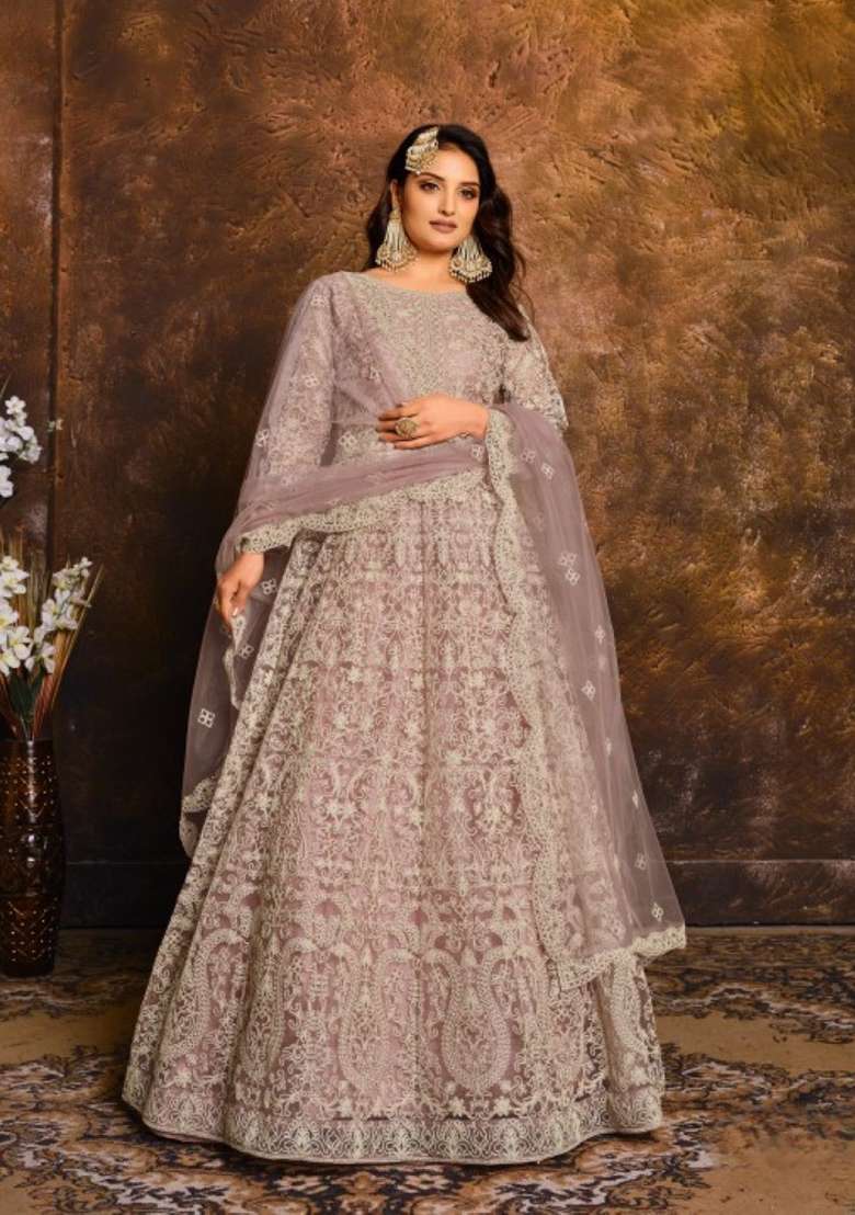 Purple Embroidered Net Anarkali Set - Indya
