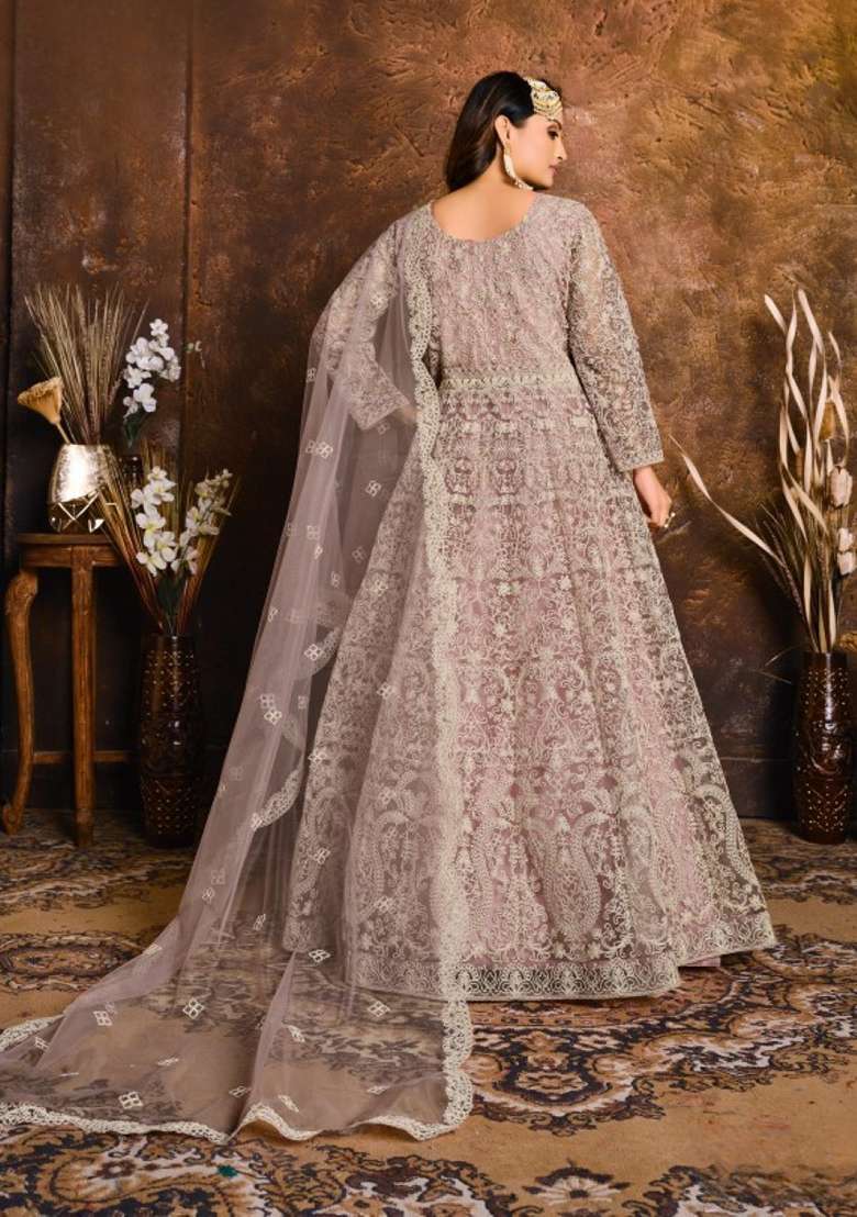 Purple Embroidered Net Anarkali Set - Indya