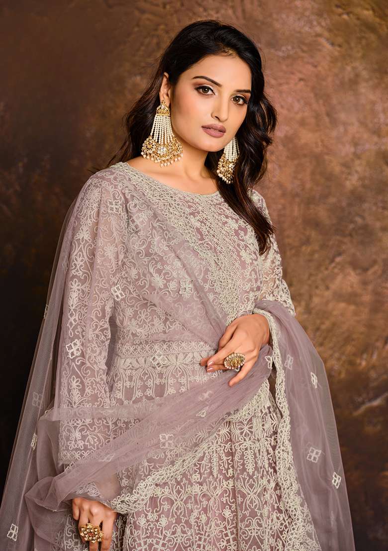 Purple Embroidered Net Anarkali Set - Indya