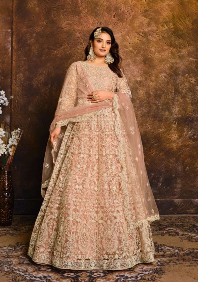 Peach Embroidered Net Anarkali Set - Indya