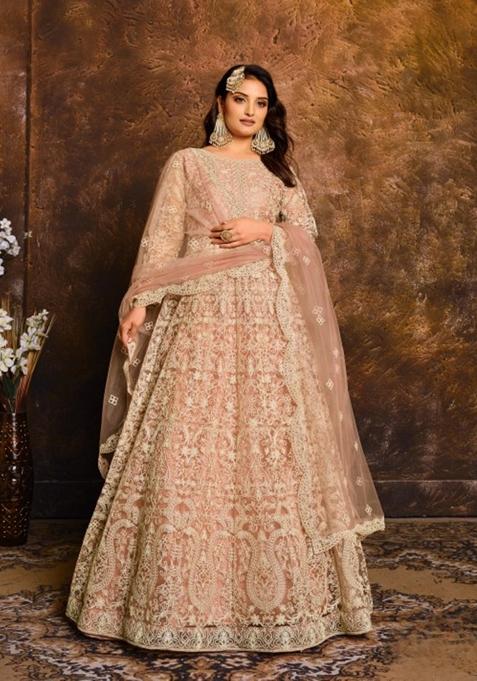 Peach Embroidered Net Anarkali Kurta Set