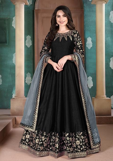 Black Embroidered Silk Anarkali Kurta Set