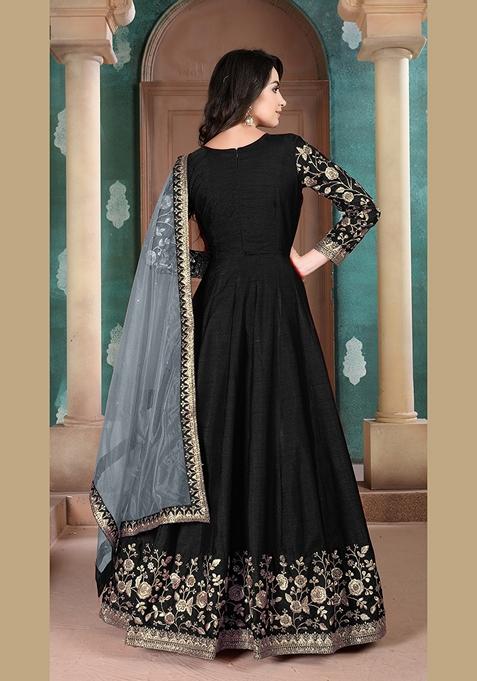 Black Embroidered Silk Anarkali Kurta Set
