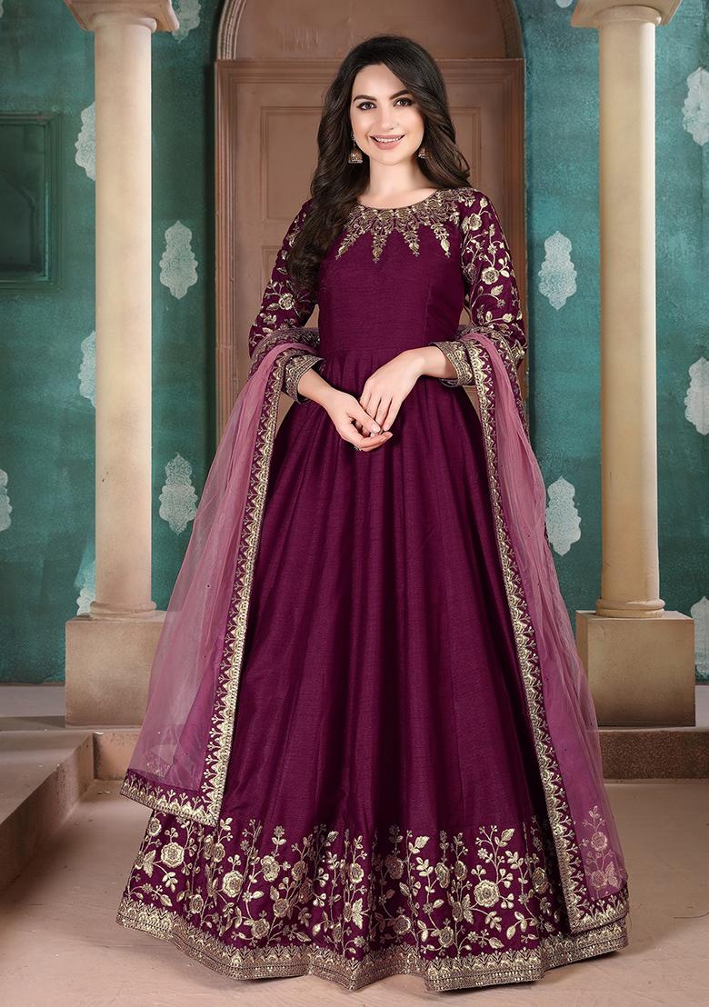 Purple Embroidered Silk Anarkali Kurta Set