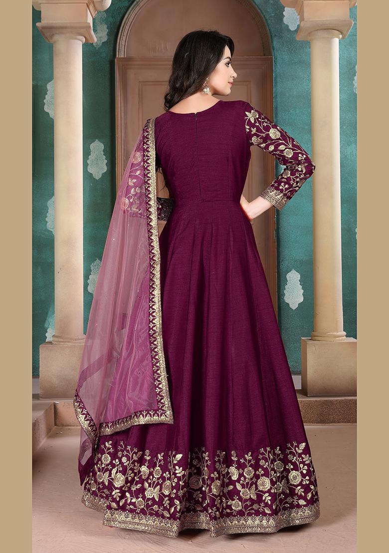 Purple Embroidered Silk Anarkali Kurta Set
