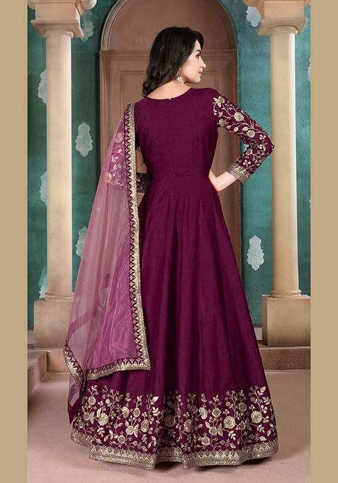 Purple Embroidered Silk Anarkali Kurta Set