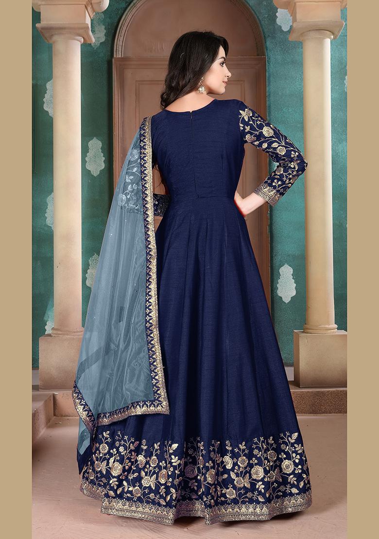 Navy Blue Embroidered Silk Anarkali Kurta Set