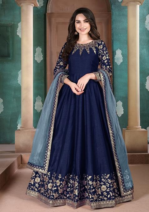 Navy Blue Embroidered Silk Anarkali Kurta Set