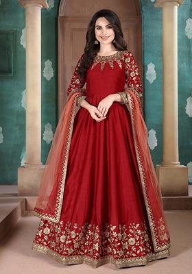 Red Embroidered Silk Anarkali Kurta Set