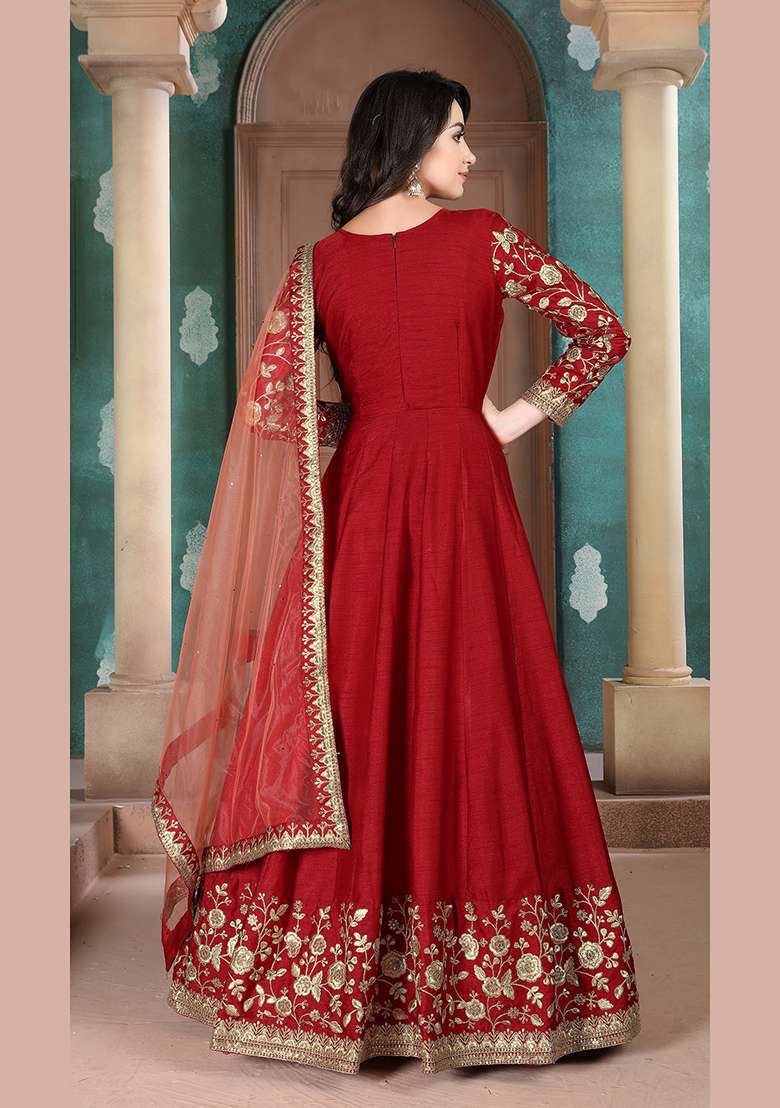 Red Embroidered Silk Blend Anarkali Set - Indya