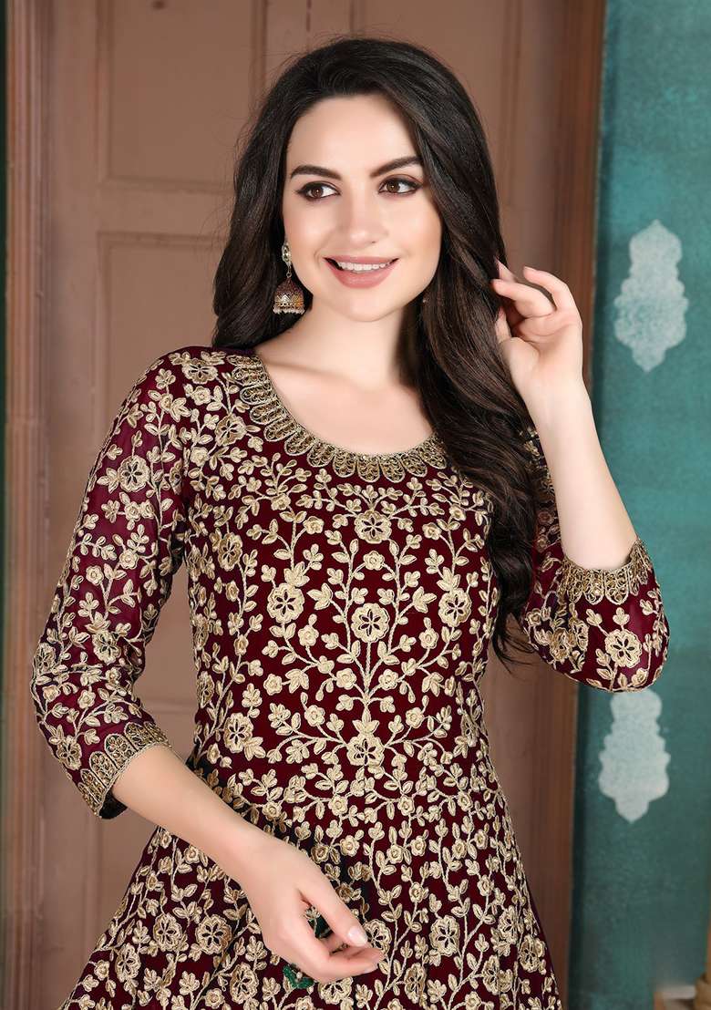 Maroon Embroidered Faux Blooming Anarkali Set - Indya