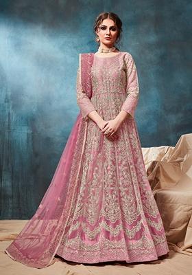 Pink Embroidered Net Anarkali Kurta Set