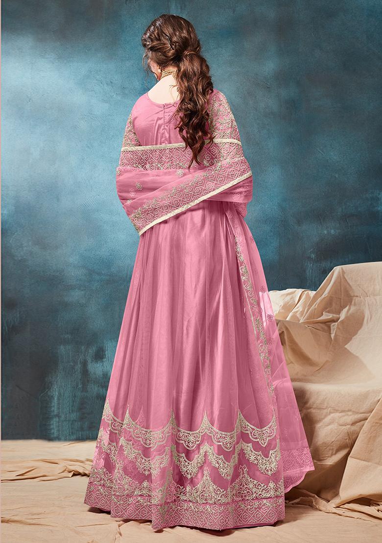 Pink Embroidered Net Anarkali Kurta Set