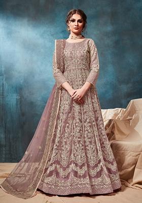 Light Brown Embroidered Net Anarkali Kurta Set