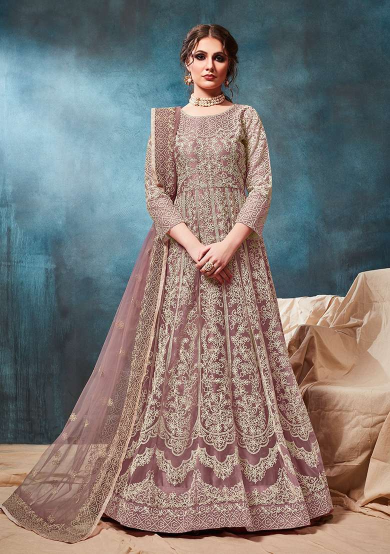 Light Brown Embroidered Net Anarkali Set - Indya