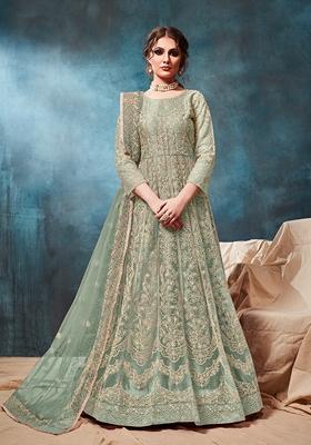 Light Green Embroidered Net Anarkali Kurta Set