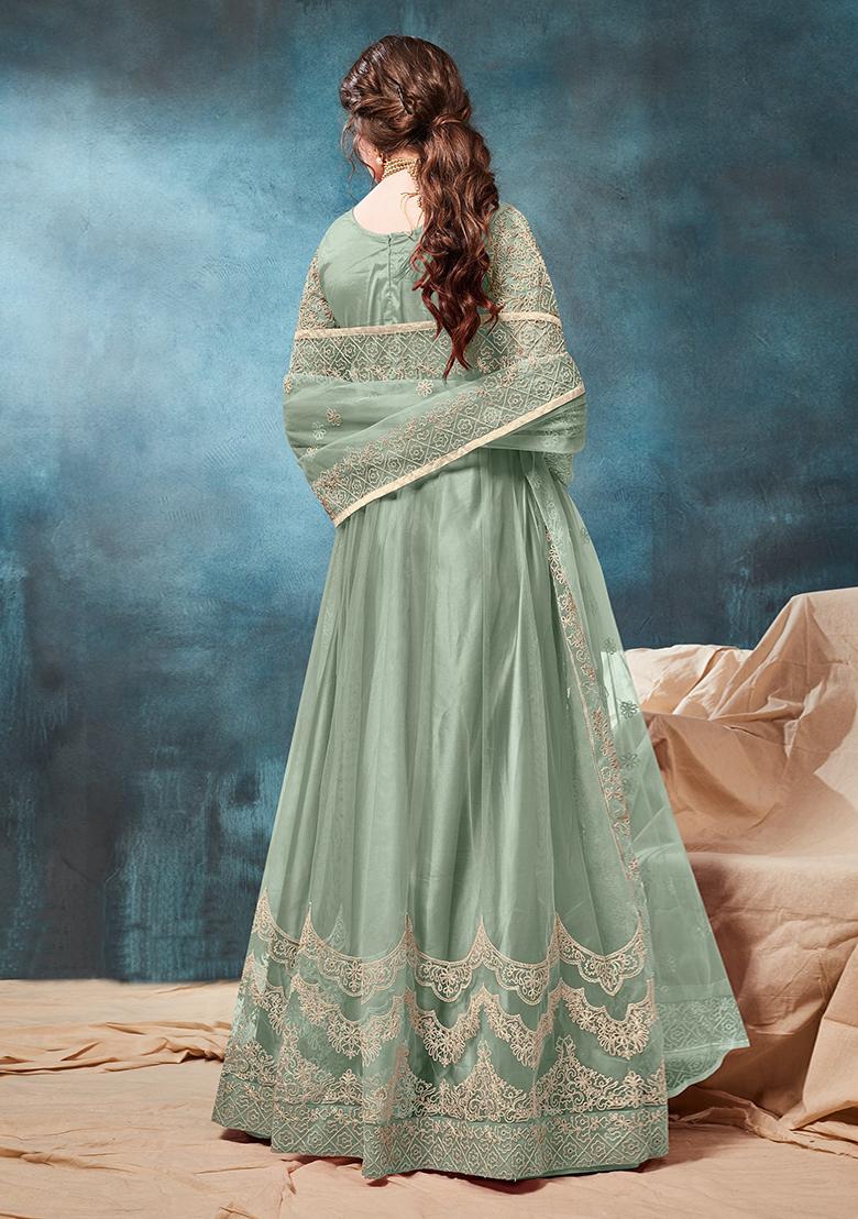 Light Green Embroidered Net Anarkali Kurta Set