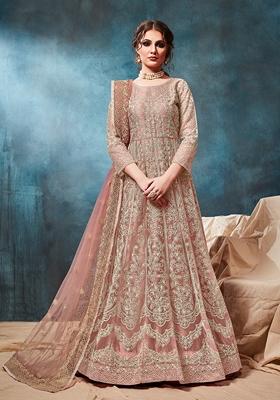 Peach Embroidered Net Anarkali Kurta Set