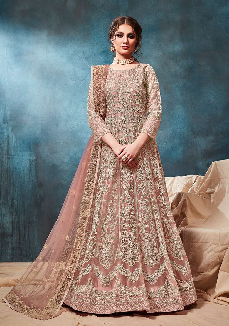 Peach Embroidered Net Anarkali Set - Indya