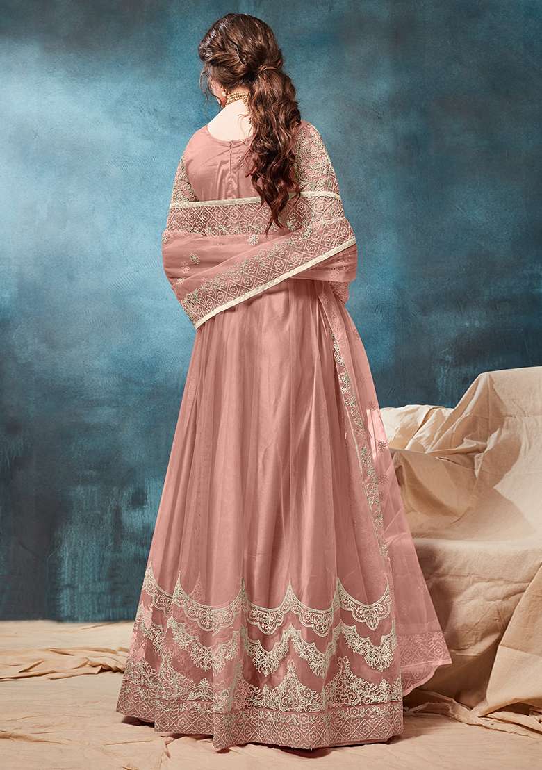 Peach Embroidered Net Anarkali Set - Indya