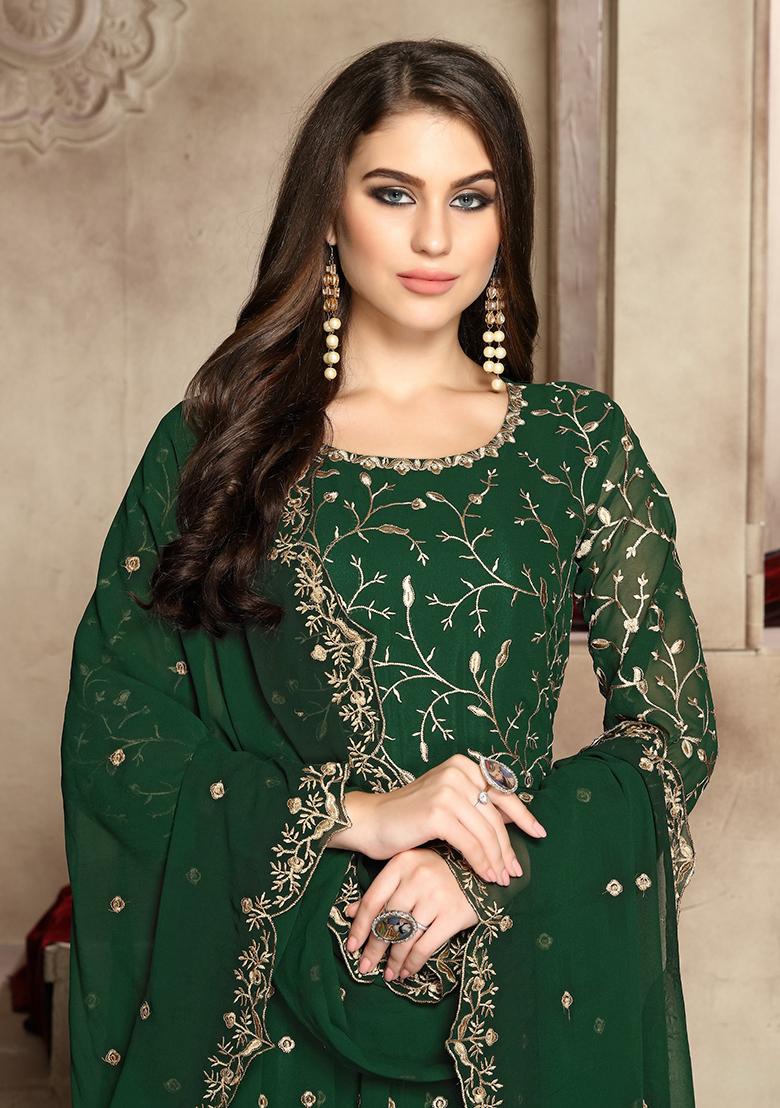 Green Embroidered Faux Georgette Anarkali Kurta Set