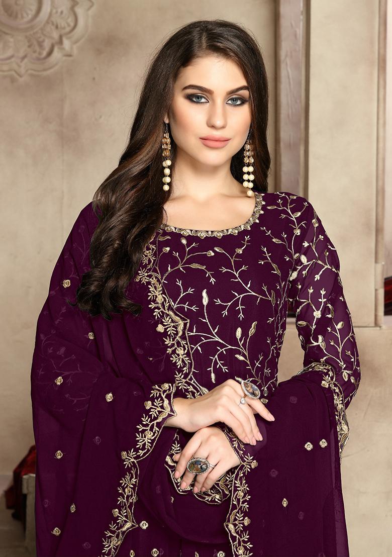 Purple Embroidered Faux Georgette Anarkali Kurta Set