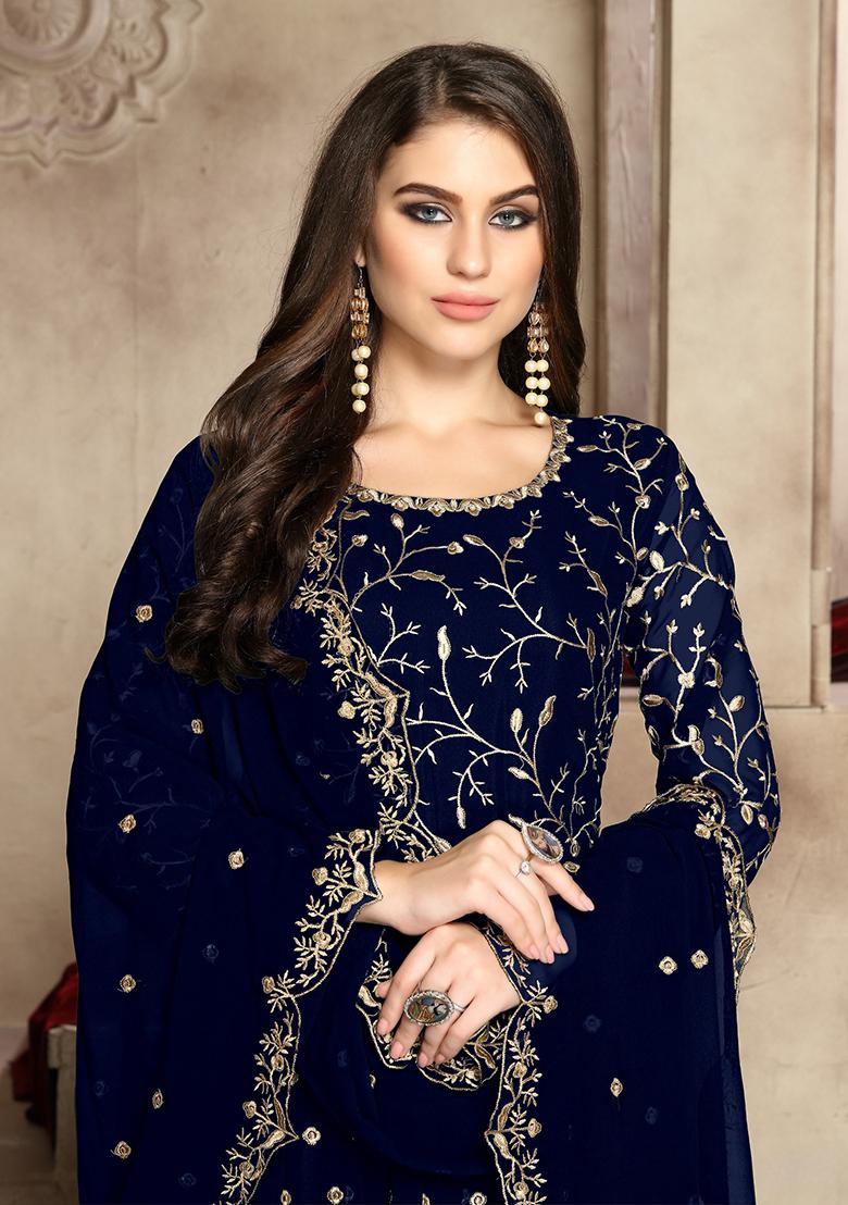Navy Blue Embroidered Faux Georgette Anarkali Kurta Set
