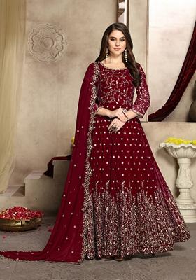 Maroon Embroidered Faux Georgette Anarkali Kurta Set