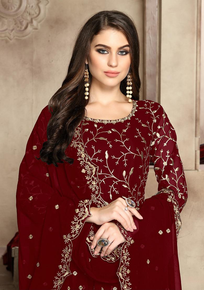Maroon Embroidered Faux Georgette Anarkali Kurta Set